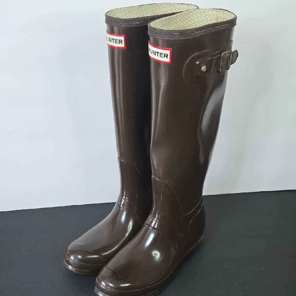 Hunter Size 8 Gloss Dark Brown Tall Rubber Rain Boots - Picture 15 of 16